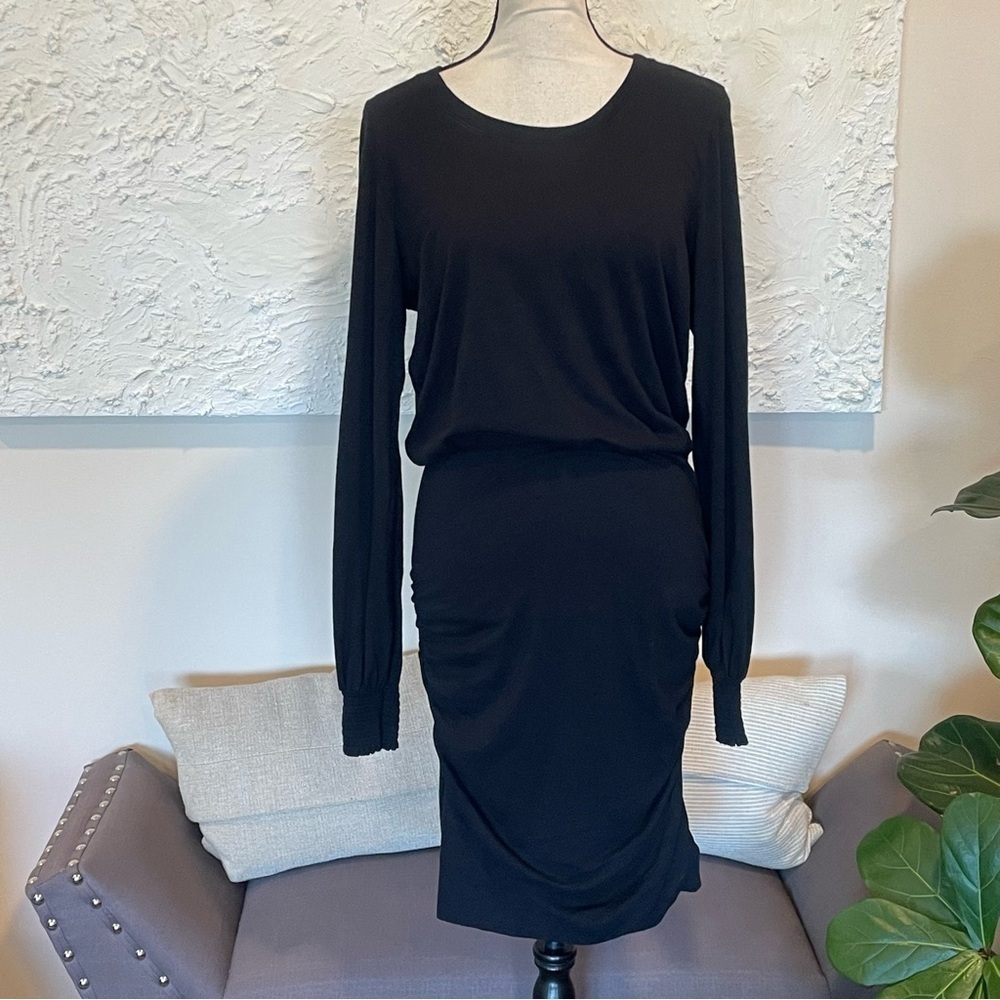Sundry Black Round Neck Long Sleeve Blouson Stretch Pullover Mini Dress Sz 3 NWT - Picture 2 of 12